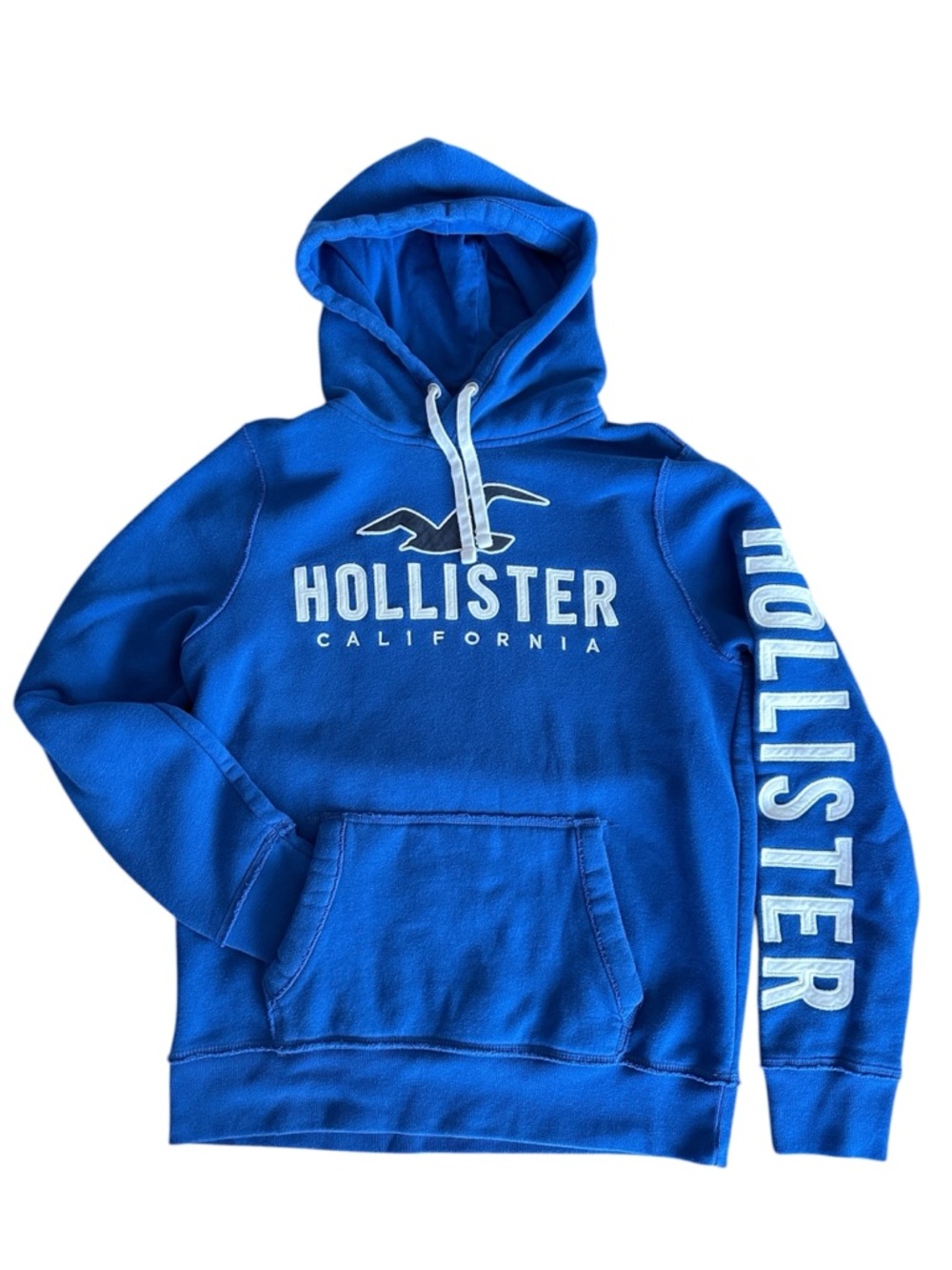 Hollister Men's Hoodie Sweatshirt Big Logo + Spell Out Down Arm Blue Size Medium
